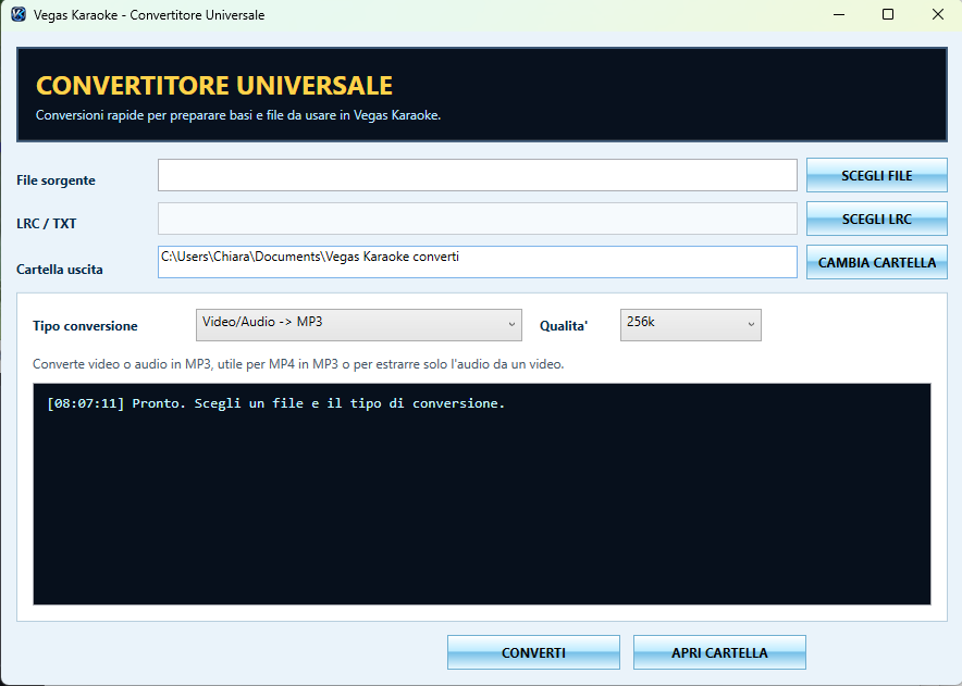 Convertitore universale Vegas Karaoke Player 2.3.1 per audio video MP3 e LRC