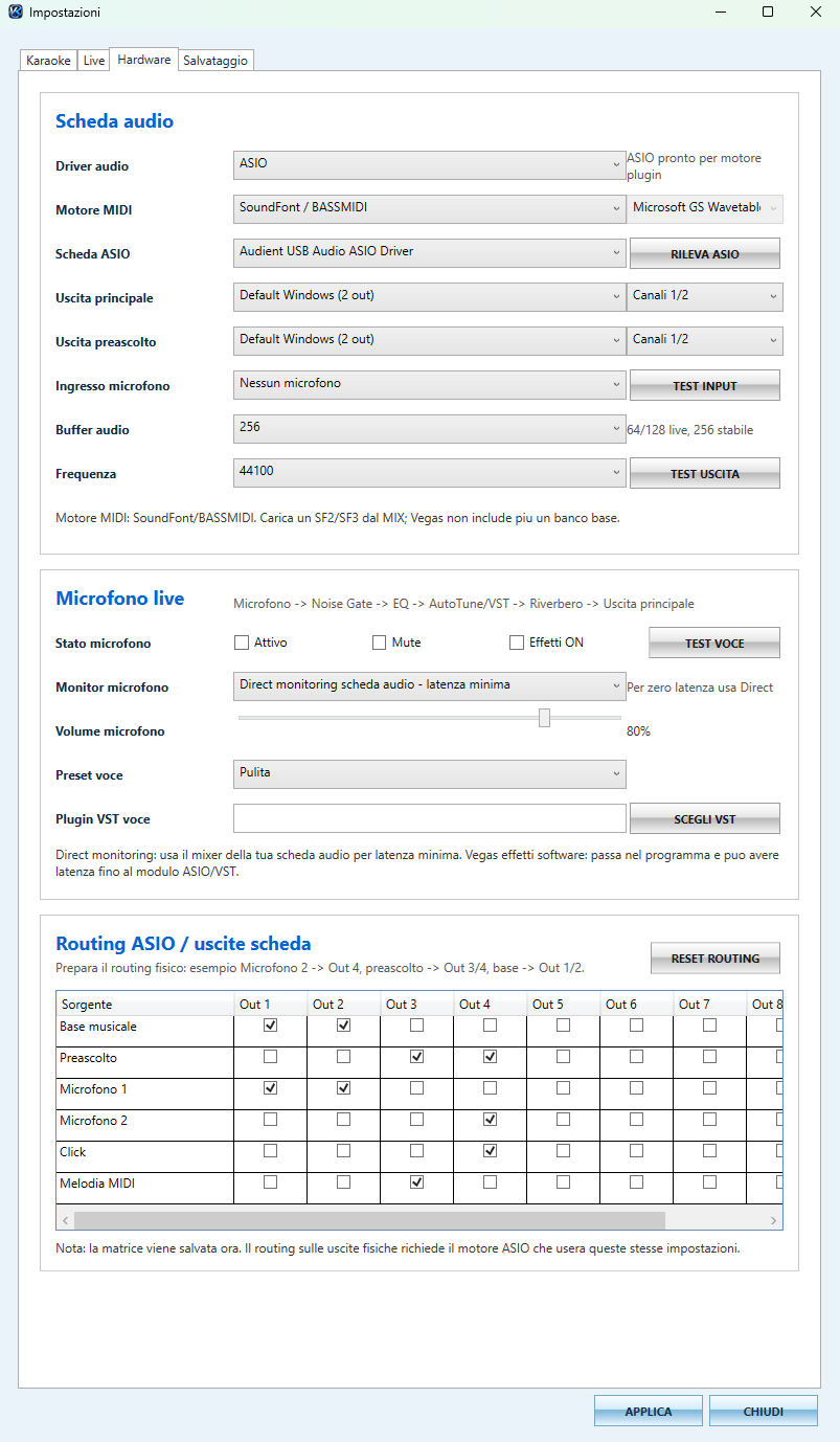 Hardware audio ASIO WASAPI routing microfono live - screenshot Vegas Karaoke Player