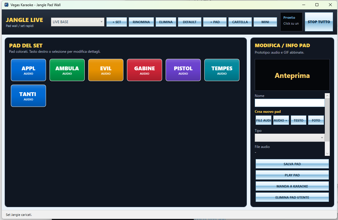 Jangle Live pad wall di Vegas Karaoke Player 1.7.4 con pad colorati e editor laterale