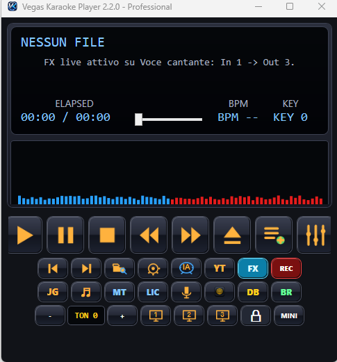 Vegas Karaoke Player Professional 2.3.1 schermata principale con FX Live Fonico AI Bruce IA database e multi monitor