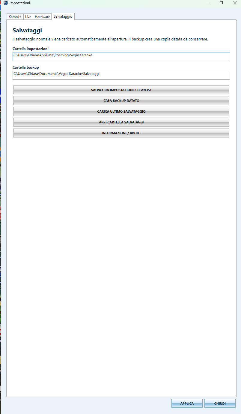 Salvataggi impostazioni playlist backup - screenshot Vegas Karaoke Player