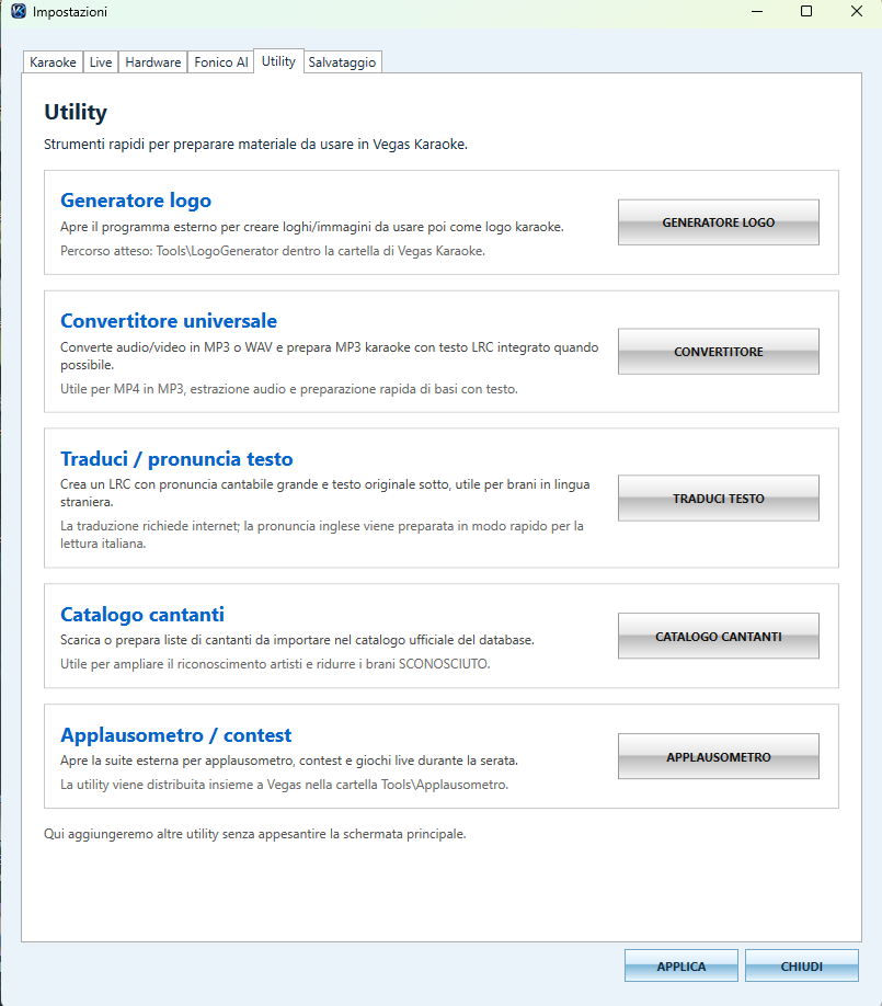 Scheda Utility Vegas Karaoke Player 2.3.1 con generatore logo e convertitore universale